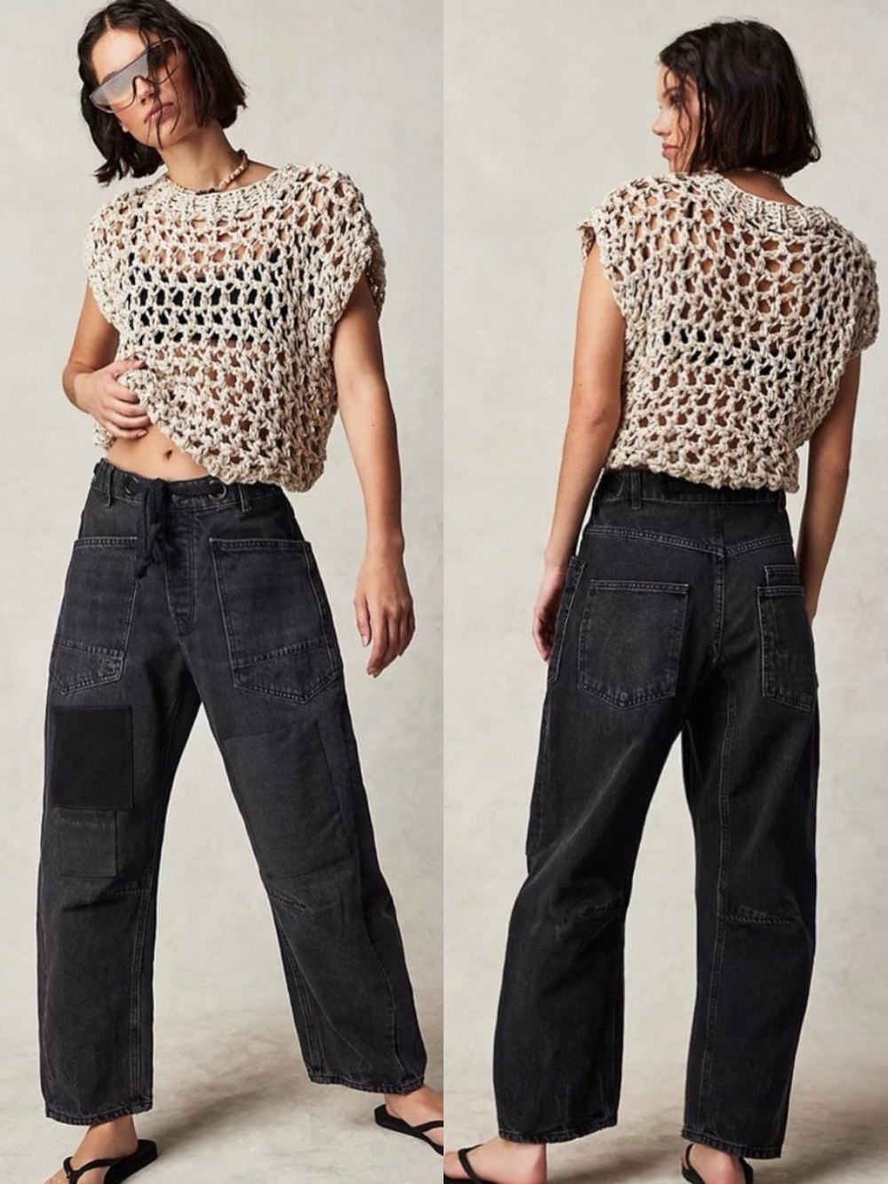 NEW Free People Moxie Low Slung Pull On Barrel Jeans Washed Black Patchwork